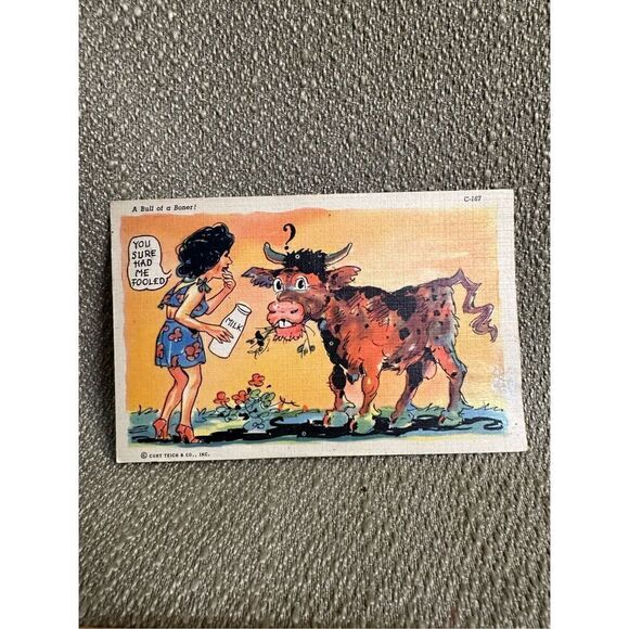 Bull Of A Boner Vintage Postcard Humor Funny Risqué 1940s Blank unused - Picture 1 of 7